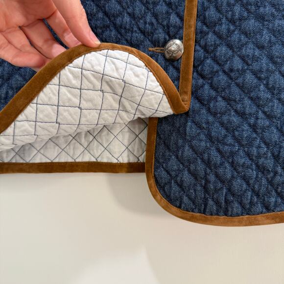 Vintage Quilted Denim Style Vest Petite Medium Blue Brown Velvet Trim - Picture 4 of 11